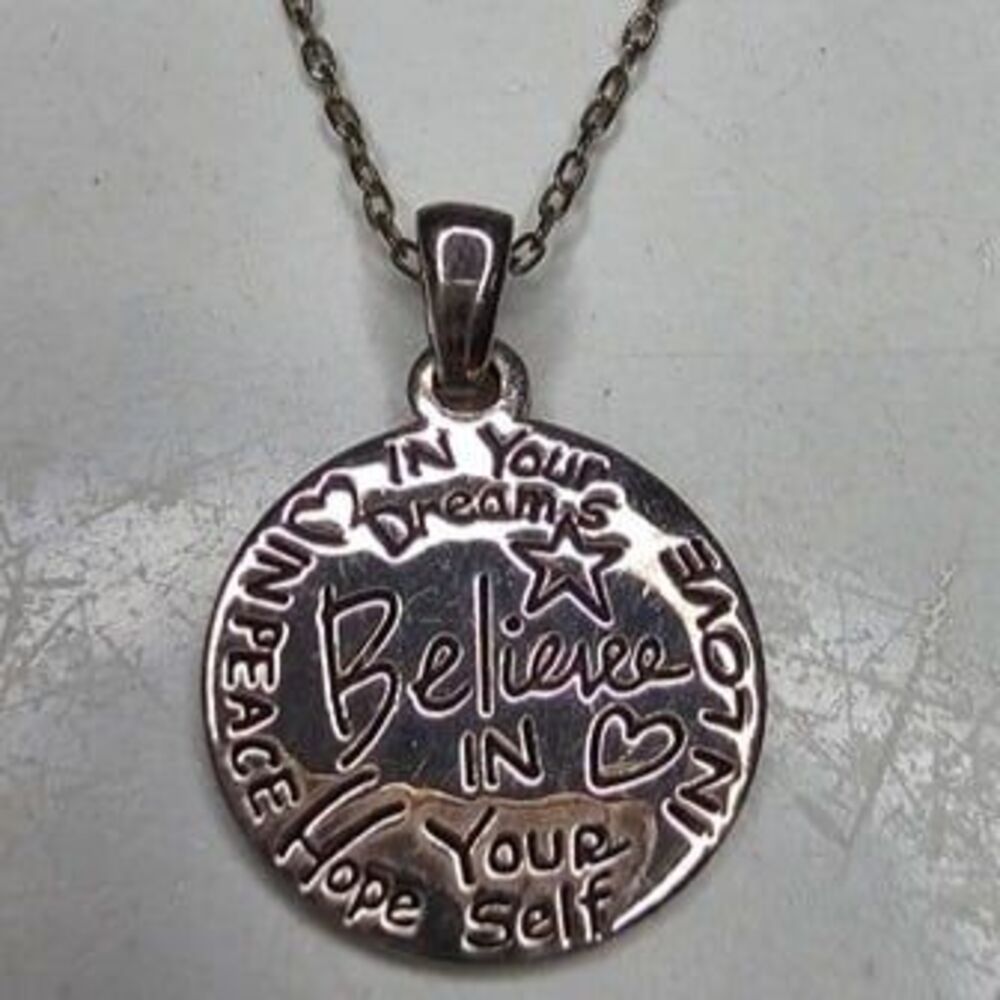 "Believe in Yourself" Silver Tone Pendant Necklace 925 Chain 19"L